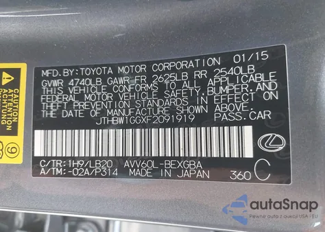 2015 Lexus Es 300H из США, поврежденный, VIN JTHBW1GGXF2091919